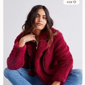 Free People Women's So Cozy Slouchy Sherpa Moto Maroon Jacket Size Small